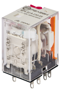 Промежуточное реле; 2 перекидных контакта 12А (~ 230В AC) блокируемая кнопка проверки + светодиод