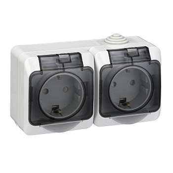 ЭТЮД IP44 О/У двойная РОЗЕТКА с заземлением со шторками 16А 250В, СЕРЫЙ, Россия