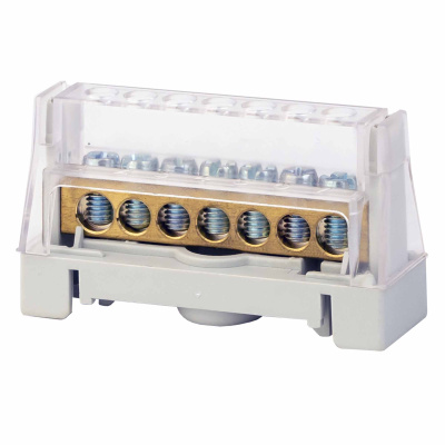 Шина латунная в корпусе на DIN рейку 1 полюс до 63A 9конт. под сеч. 16кв.мм, 2конт. под сеч. 25кв.мм, зеленая