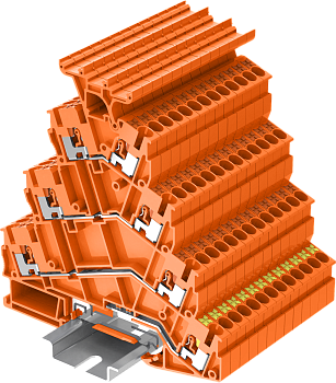 TPFS2.5-2T-OG Клемма TP 4-уровневая, угловая с держателем маркировки, с заземл., Push-in, сеч.2.5мм2, оранж.
