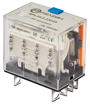Миниатюрное силовое реле; 4 перекидных контакта 10А (= 48В DC) блокируемая кнопка проверки + светодиод