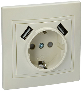 KVARTA Роз. 1ая с з/к РЮш10-1-ККм 16А USBх2 2,1А крем. IEK