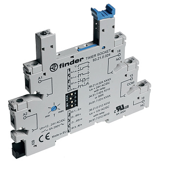 Розетка с винтовыми клеммами (с зажимной клетью) для реле 34 серии; встроенный таймер мультифункциональный (AI, DI, GI, SW); регулировка времени 0.1с…6ч; питание 24В АС/DC; в комплекте пластиковая клипса; опции: LED